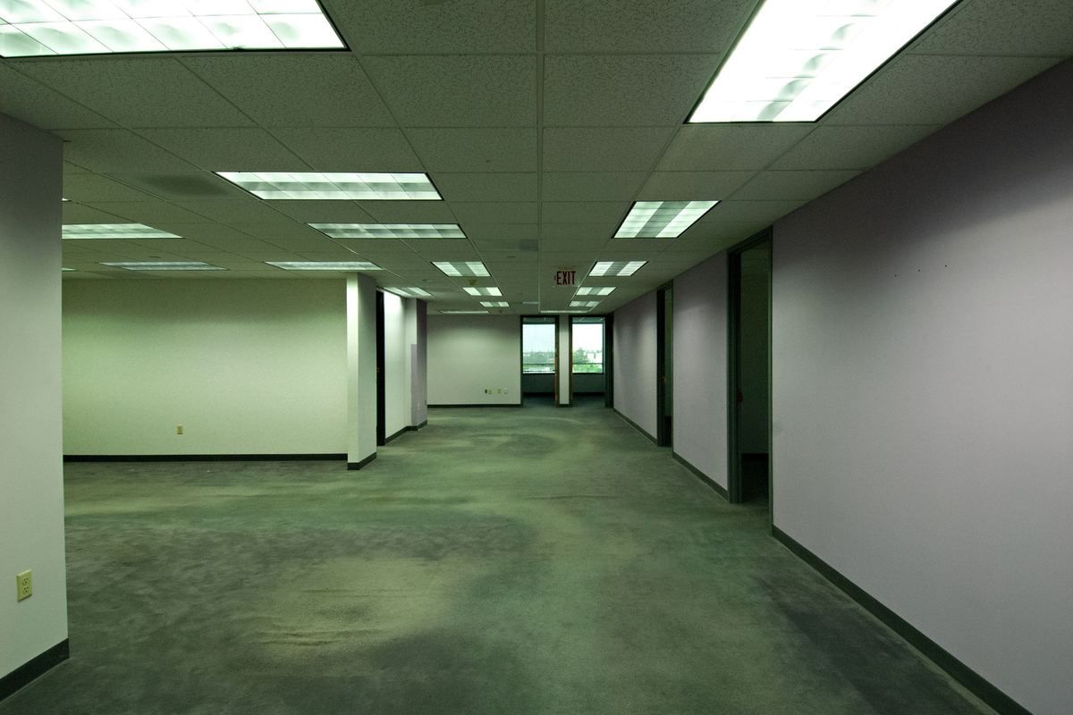 Couloir vide avec éclairage fluorescent, murs clairs, moquette sombre, portes ouvertes