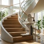 Monte-escalier moderne sur un escalier tournant, maison lumineuse