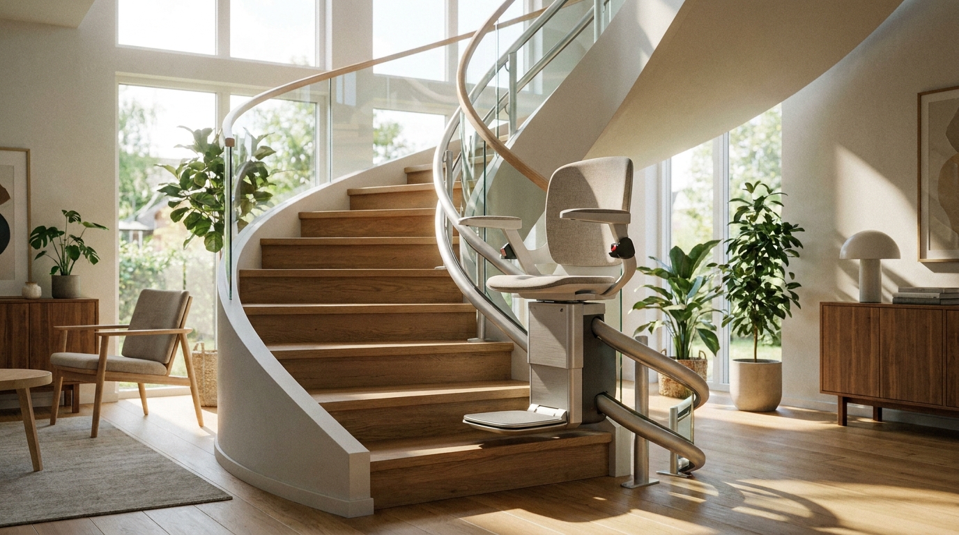 Monte-escalier moderne sur un escalier tournant, maison lumineuse