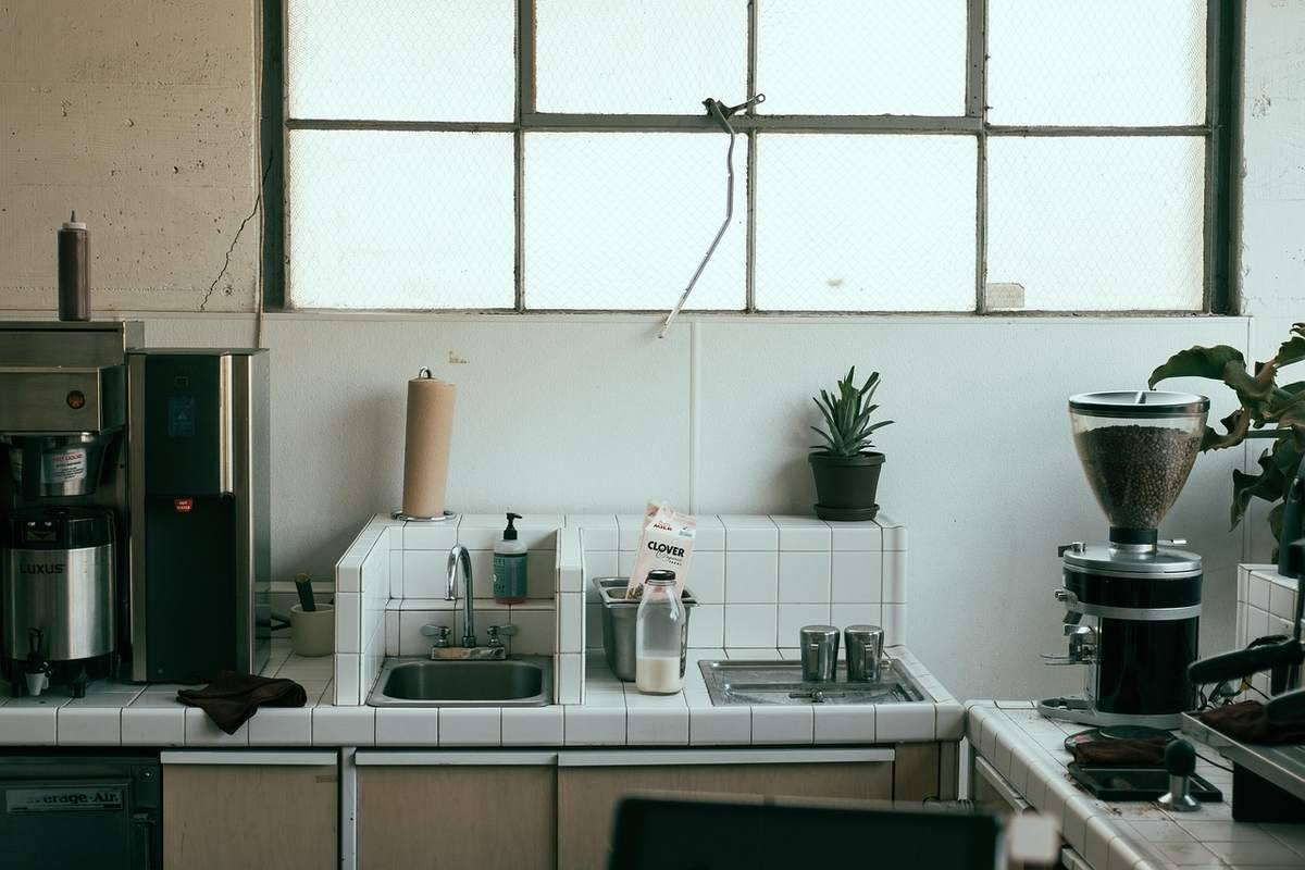 Cuisine avec évier, cafetière, grille-pain, plantes, fenêtre